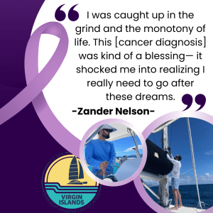 Picture of Zander Nelson with quote: “I was caught up in the grind and the monotony of life. This was kind of a blessing— it shocked me into realizing I really need to go after these dreams.”