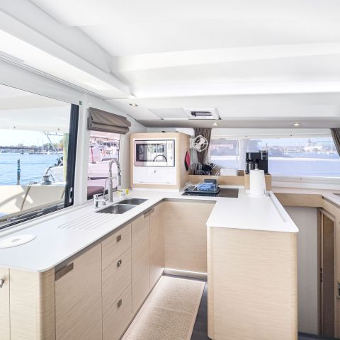 a kitchen with a large window