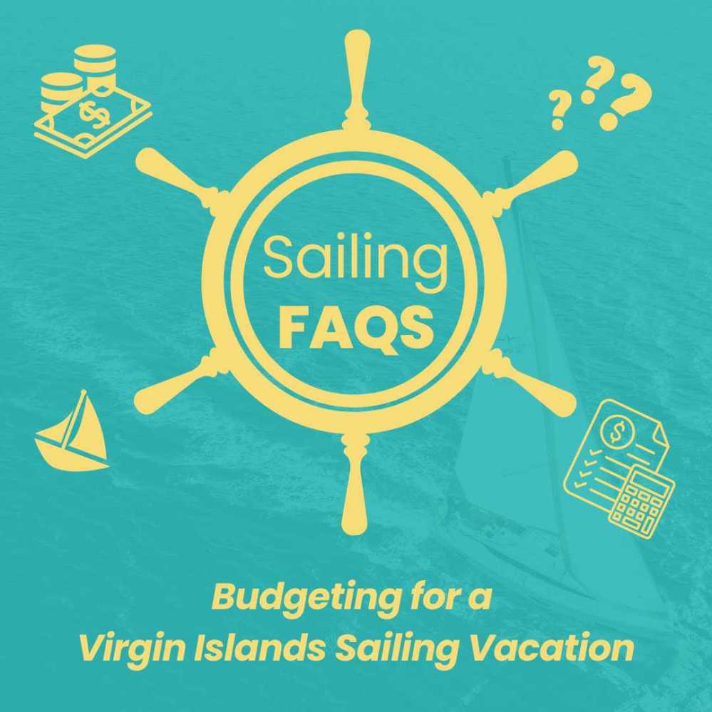 Graphic with sailing FAQs and budgeting for Virgin Islands vacation in yellow on turquoise background.