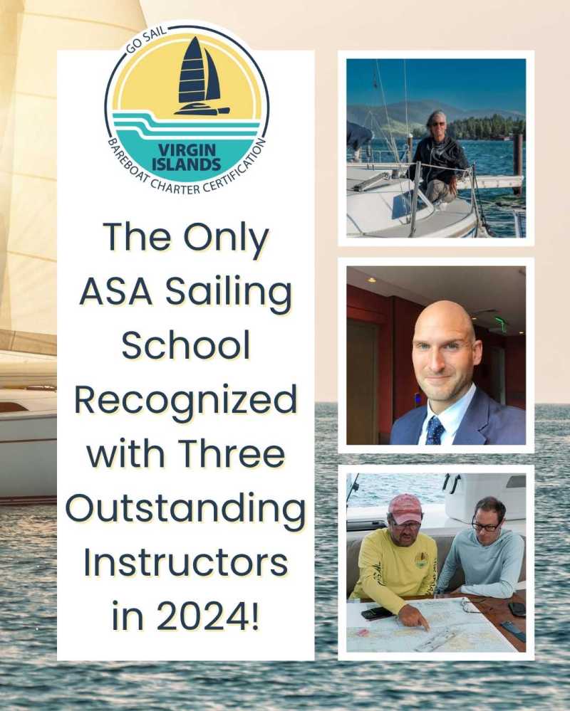 Sailing school promo with logo and images of three instructors on boats.