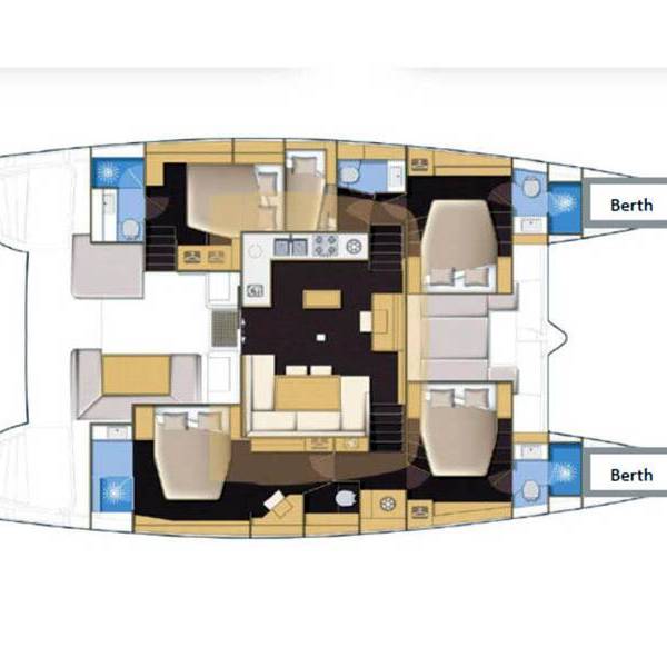 Catamaran floor plan with seating, dining, kitchen, and berths; symmetrical layout.