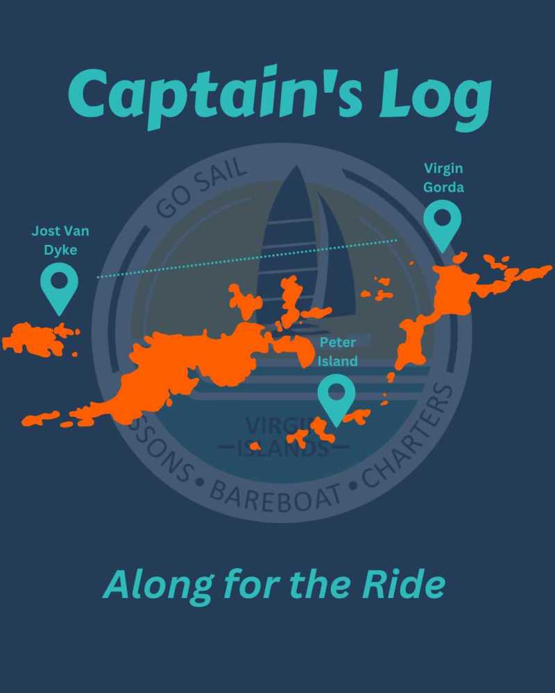 Map of Virgin Islands labeled Jost Van Dyke, Virgin Gorda, Peter Island with text: Captain's Log, Along for the Ride.
