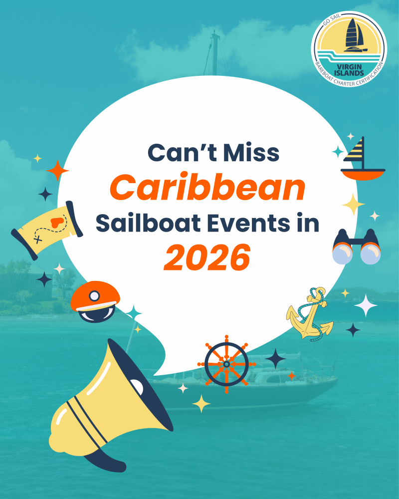 Promo for 2026 Caribbean sailboat events with nautical icons on a blue ocean background.
