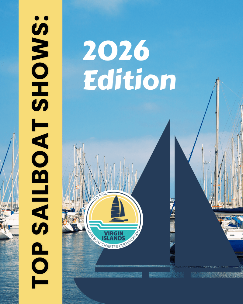 Poster for 'Top Sailboat Shows: 2026 Edition' with marina background and Virgin Islands logo.