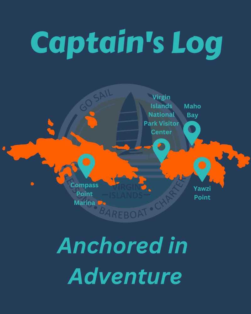 Map of Virgin Islands with labeled points and text 'Captain's Log, Anchored in Adventure'.