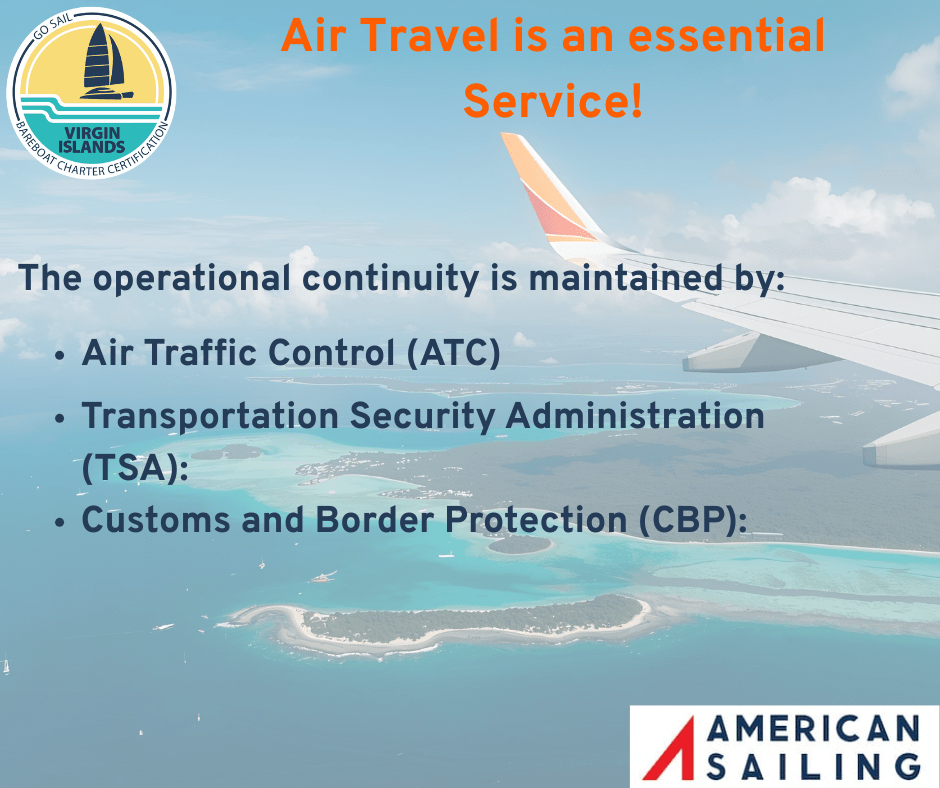 Text about air travel, island scene, airplane wing, logos for Virgin Islands sailing and American Sailing.