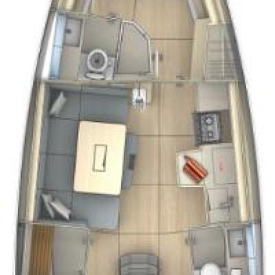 Top view layout of a sailboat interior with cabins, kitchen, and seating area.