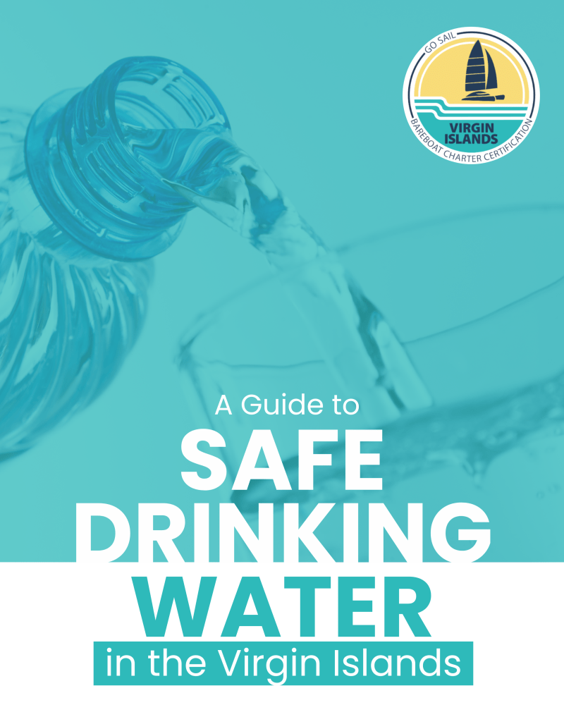 Blue tinted image of water pouring from a bottle with text 'Safe Drinking Water in the Virgin Islands'.