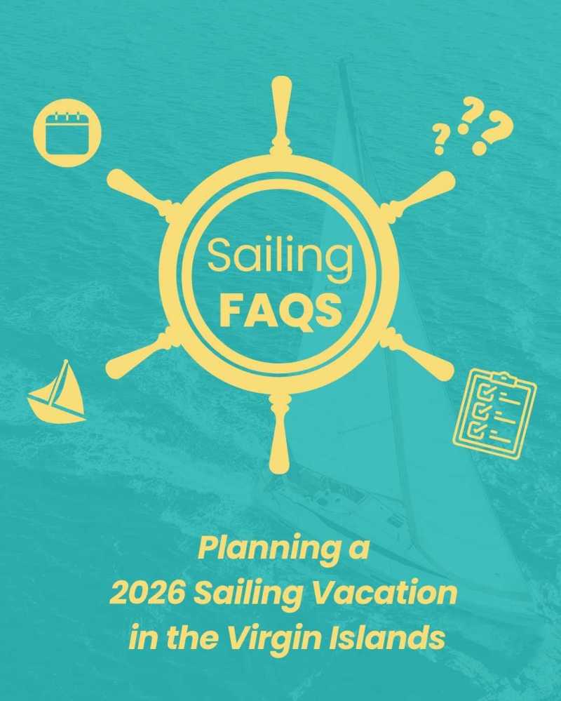 Turquoise and yellow image with text 'Sailing FAQs, Planning a 2026 Sailing Vacation in the Virgin Islands'.