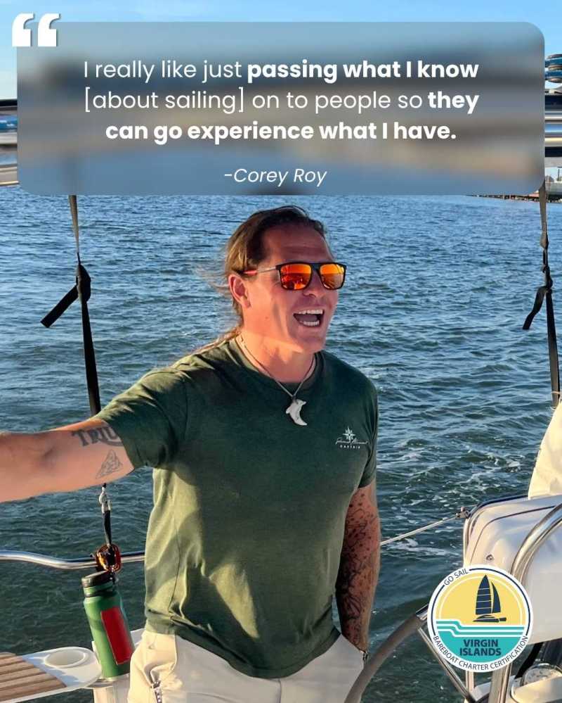 Smiling man with sunglasses on a boat, quote about sailing above, Virgin Islands charter logo in corner.