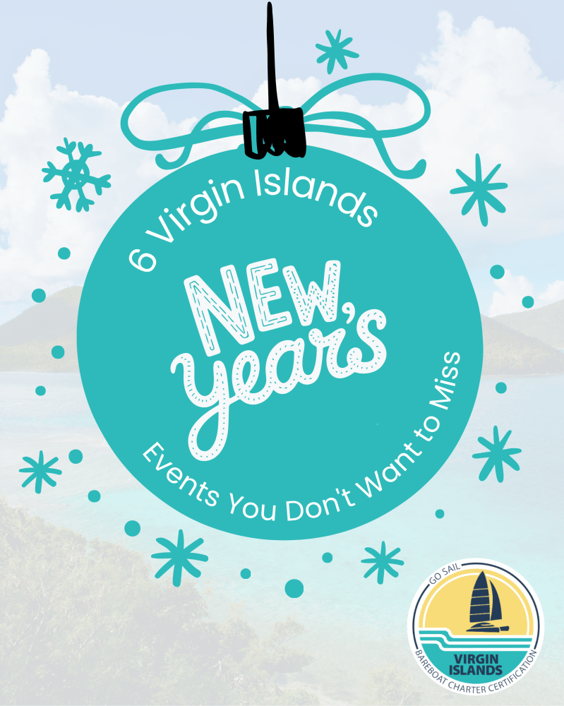 Teal ornament graphic with '6 Virgin Islands New Year's Events' text and Virgin Islands logo over a sea background.