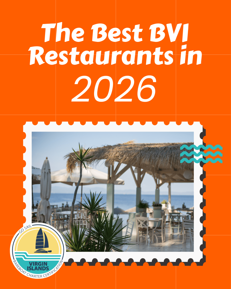 Text 'The Best BVI Restaurants in 2026' and tropical beach restaurant image with Virgin Islands logo.