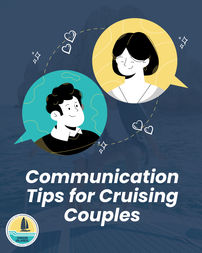 Illustrations of a couple in speech bubbles, with the text 'Communication Tips for Cruising Couples'.