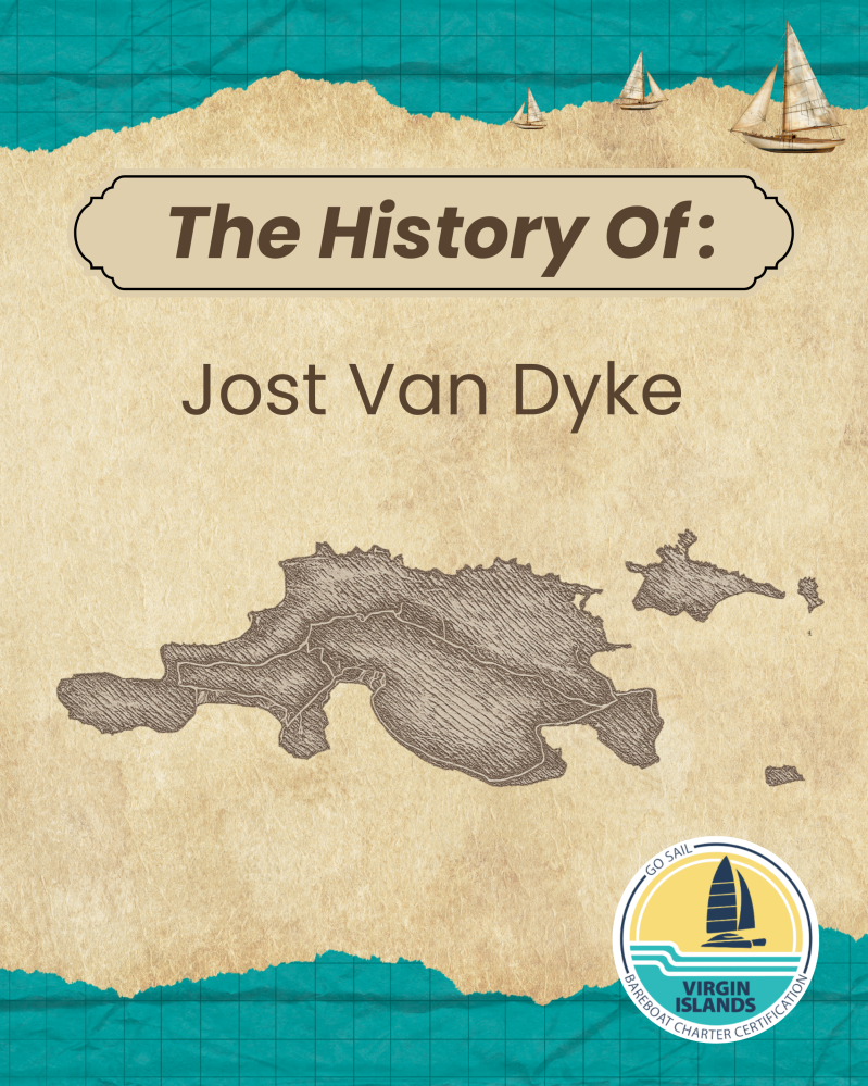 Vintage map of Jost Van Dyke with sailing boats and a certification logo at the bottom right.
