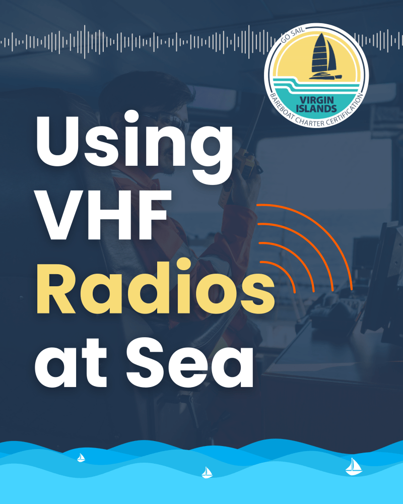 Person using VHF radio at sea with text 'Using VHF Radios at Sea' and boat logo.