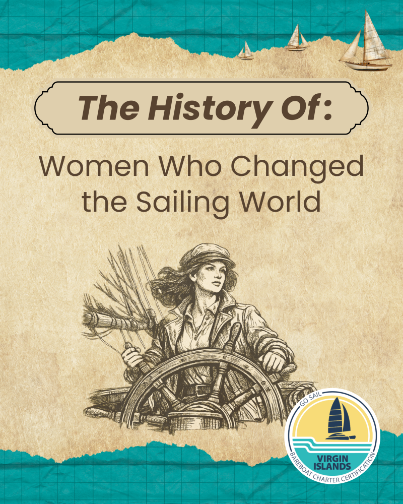 Sketch of a woman steering a ship on a poster about women in sailing history.