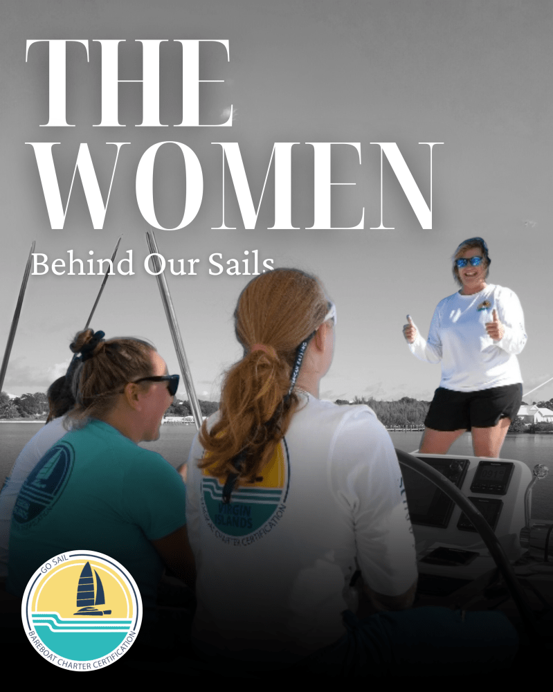 Women on a sailboat, one standing and gesturing, text reads 'The Women Behind Our Sails'.