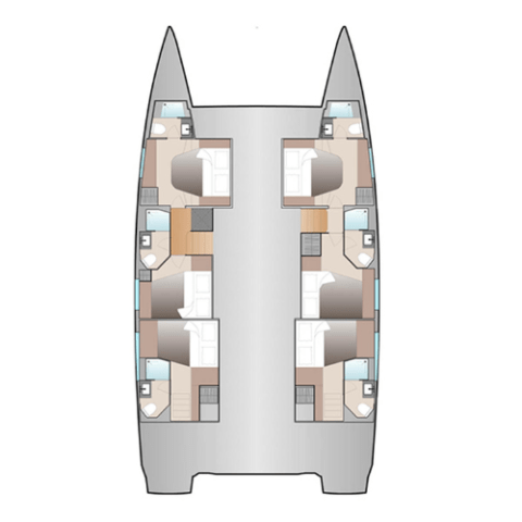 Layout of a catamaran showing interior cabins and bathrooms