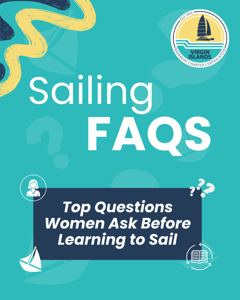 Teal graphic with 'Sailing FAQs: Top Questions Women Ask Before Learning to Sail' and Virgin Islands logo.
