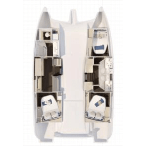 Top view of a catamaran interior layout with multiple rooms and cabins.