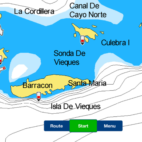 Nautical map showing routes near Isla De Vieques with marked channels and islands.