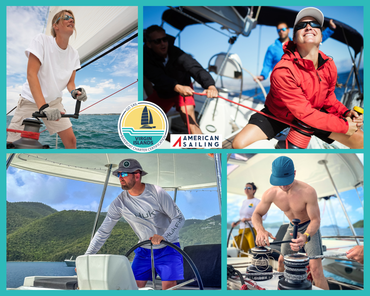 Collage of people sailing, handling ropes and steering boats, with logos of sailing organizations.
