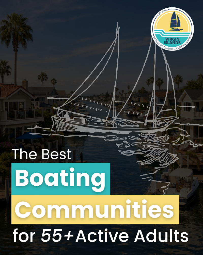 Stylized boat drawing over waterways with text 'The Best Boating Communities for 55+ Active Adults'.