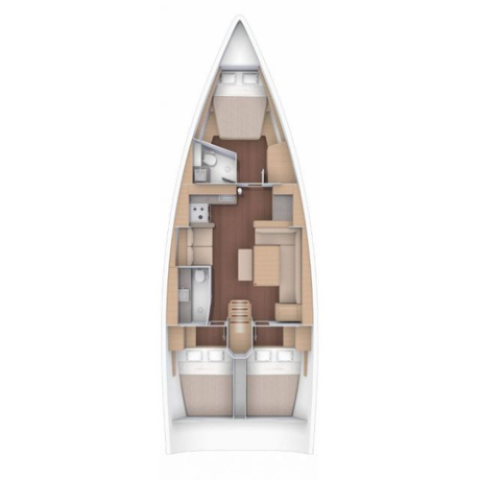 Top view of a yacht interior layout with bedrooms, kitchen, and living area.