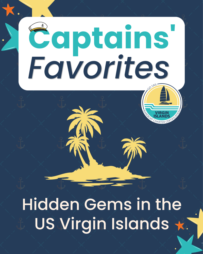 Poster: 'Captains' Favorites', palm trees, and 'Hidden Gems in the US Virgin Islands'.