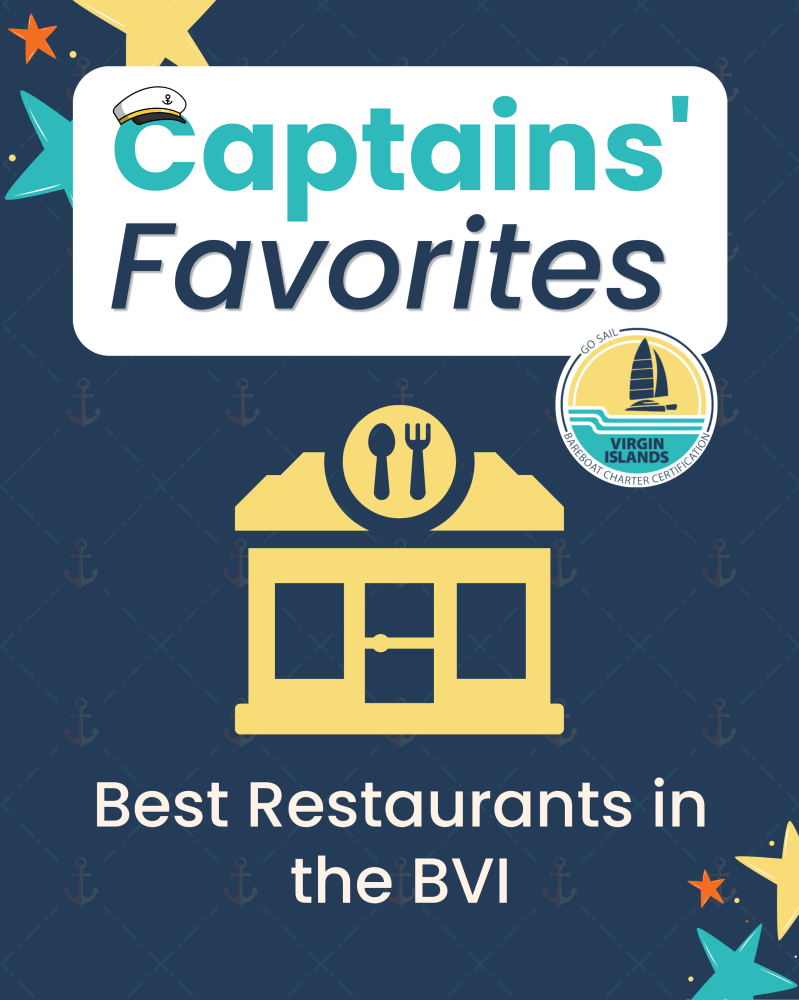 Poster with 'Captains' Favorites: Best Restaurants in the BVI' and restaurant icon.