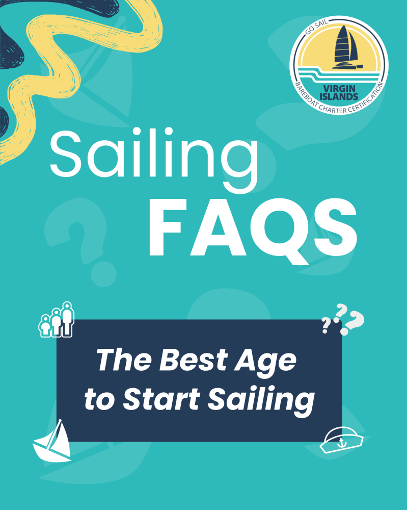Graphic with text 'Sailing FAQs: The Best Age to Start Sailing' and Virgin Islands logo.