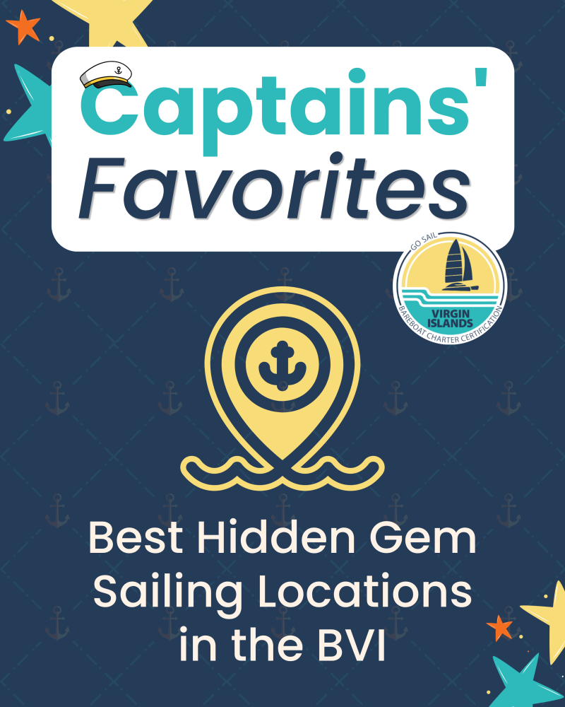Poster: Captains' Favorites, best hidden sailing locations in the BVI, with anchor and map icons.