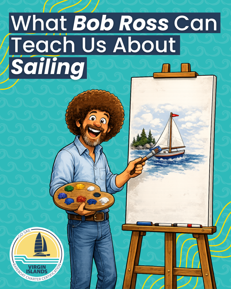 Smiling artist painting a sailboat on canvas with text about sailing.