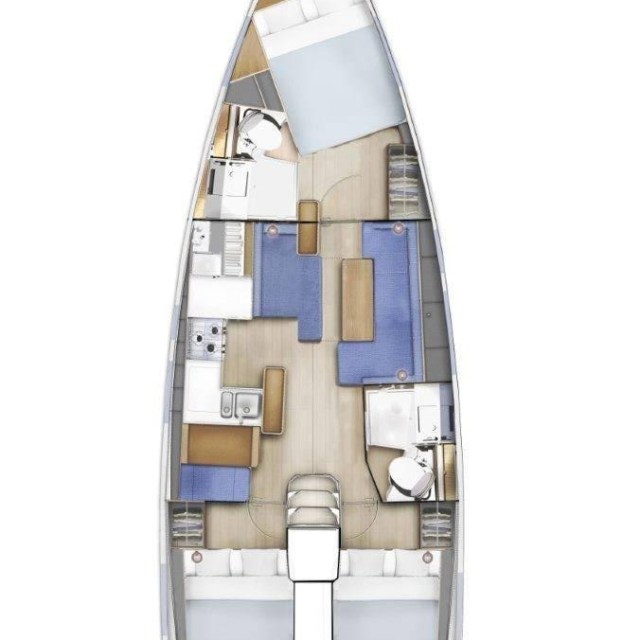 Overhead view of a sailboat interior layout with cabins and seating.