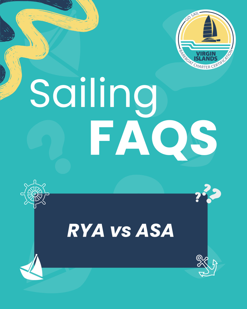 Sailing FAQs: RYA vs ASA, nautical graphics, Virgin Islands Charter Certification logo.