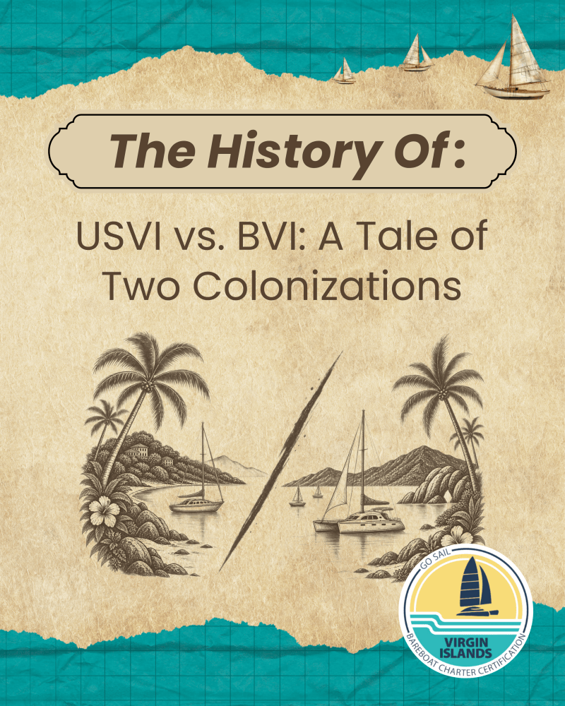 Book cover with sailboats, palm trees, and a seal about USVI vs. BVI colonizations.