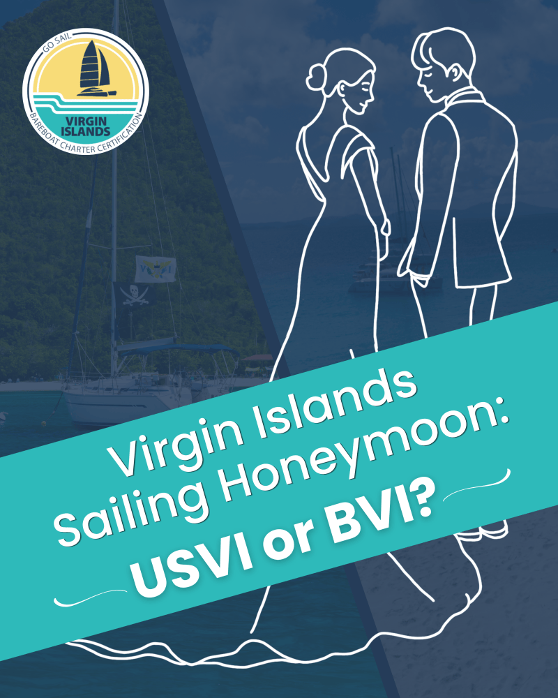 Illustration of a couple on a boat with 'Virgin Islands Sailing Honeymoon: USVI or BVI?' text.