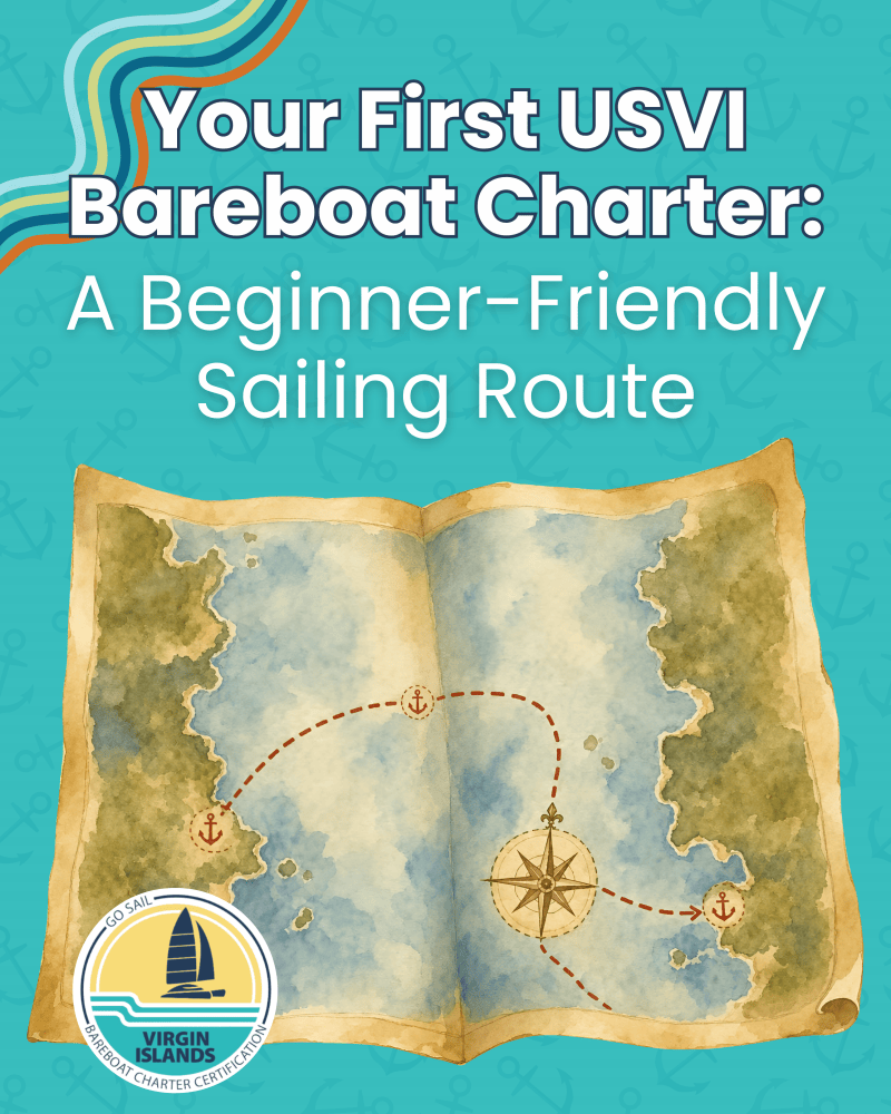 Illustrated map with sailing route titled 'Your First USVI Bareboat Charter'.